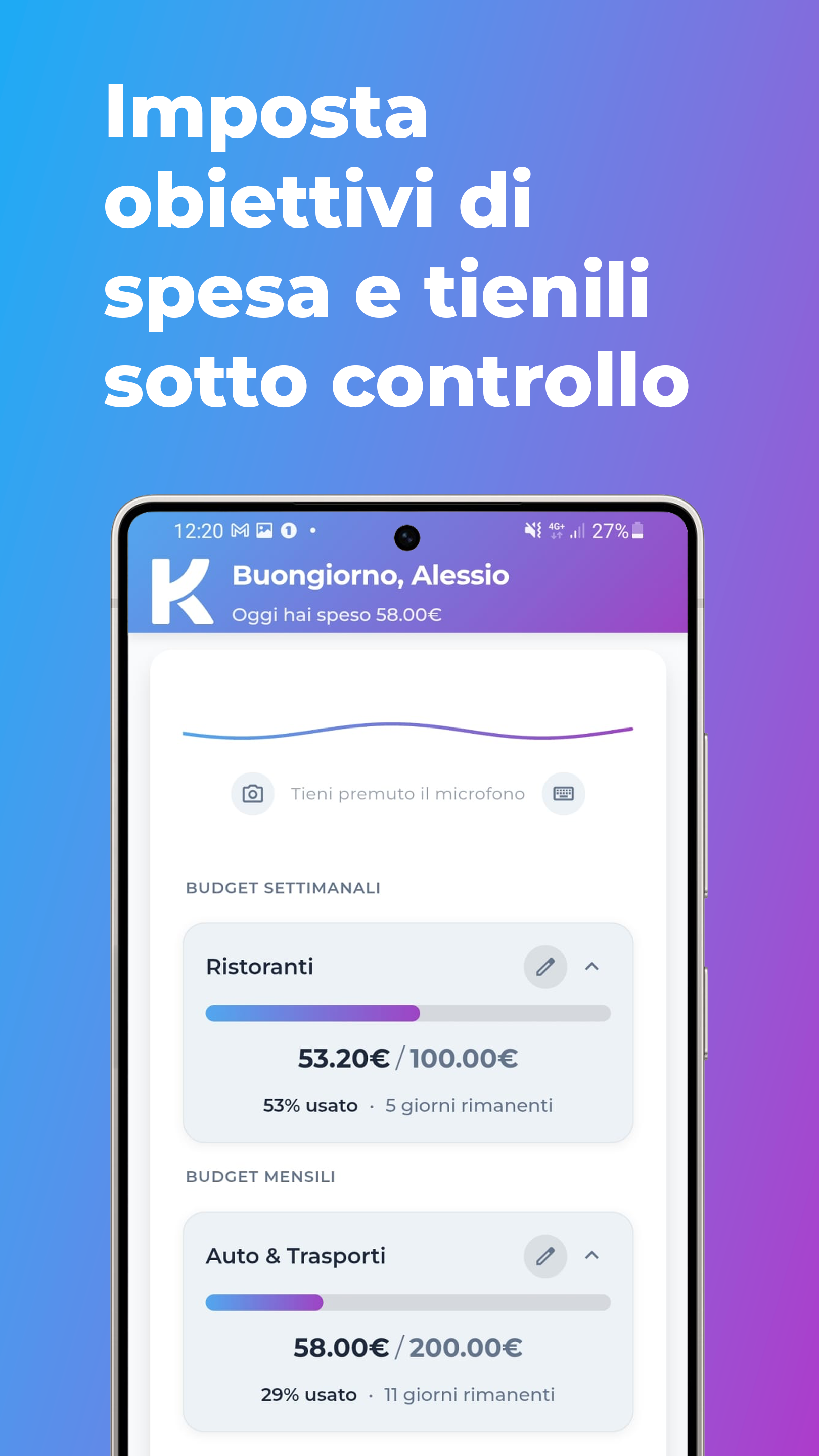 Gestione budget con barre di progresso per categoria