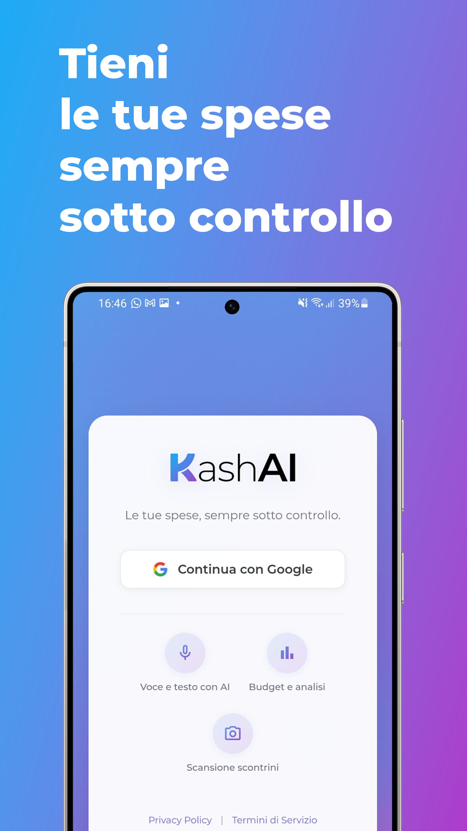 Schermata principale dell'app KashAI con lista spese e bilancio